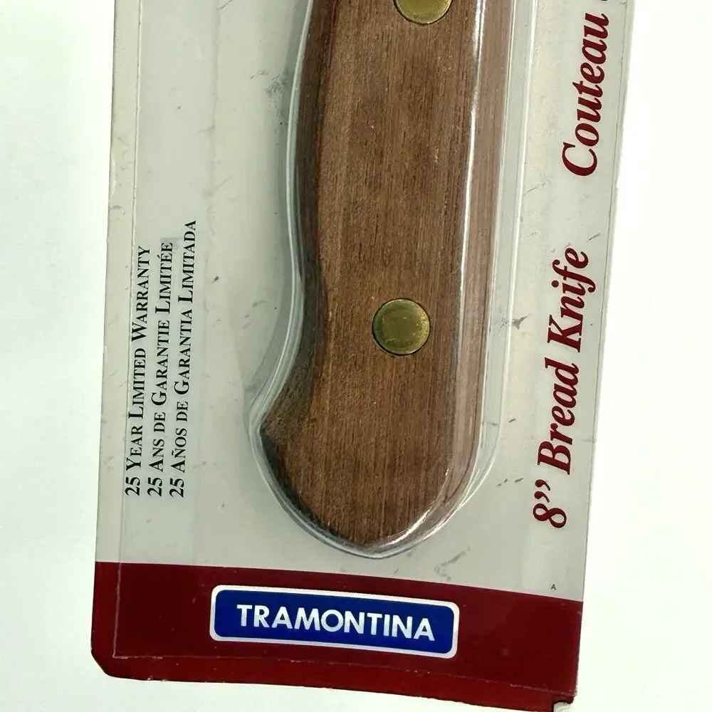 Vintage TRAMONTINA INOX SS Kitchen Utility Knife Wooden Handle 8” Blade BRAZIL